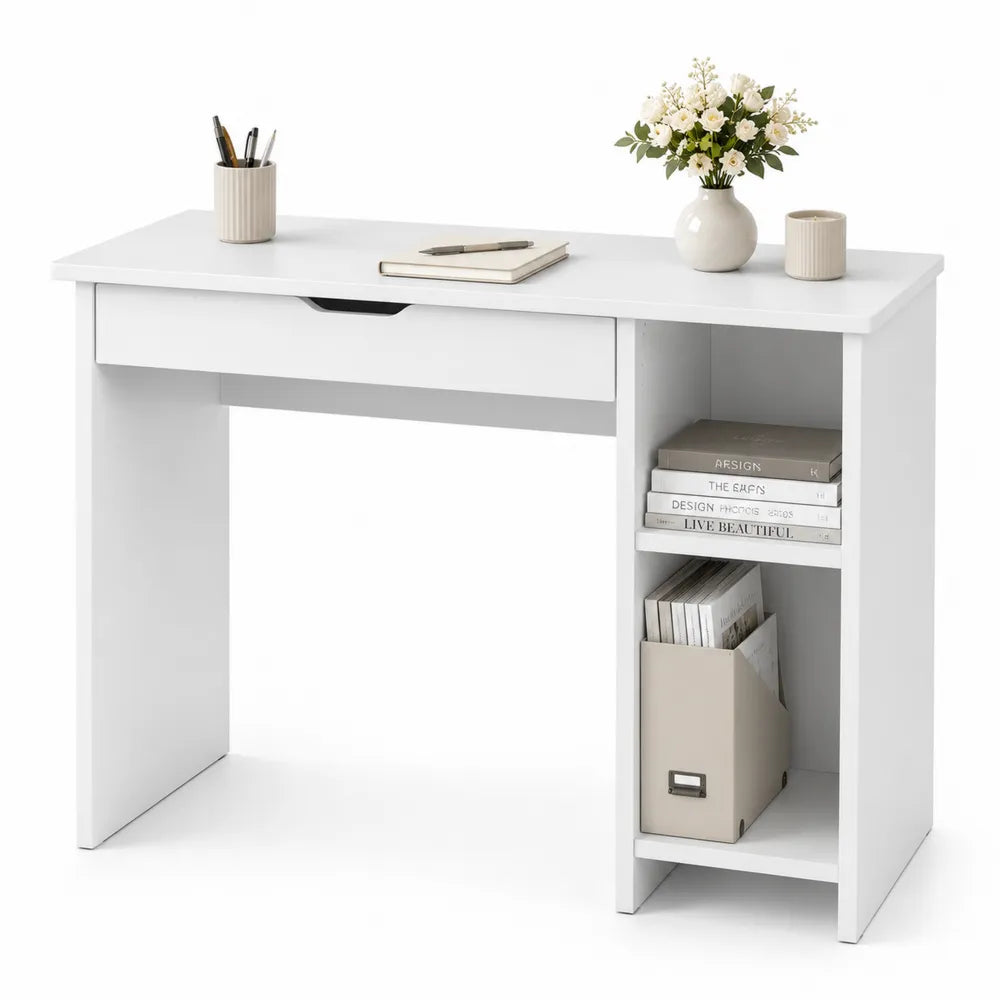 Scrivania in MDF con Cassetto e Scaffali Bianca 100x50x75 cm