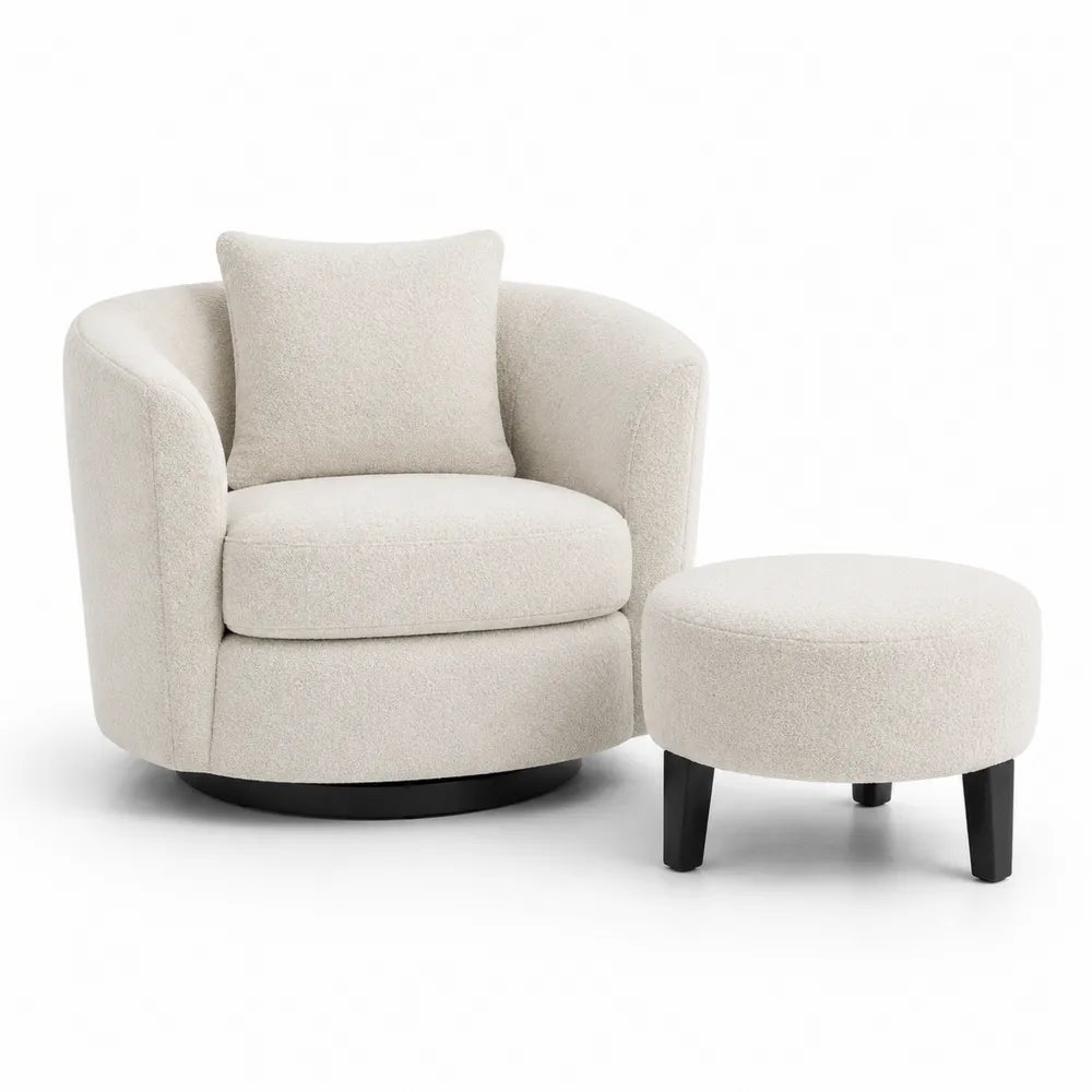Poltrona Girevole con Poggiapiedi in Tessuto Bouclé Beige