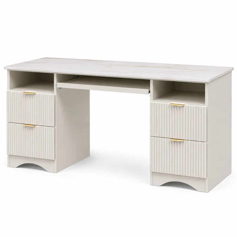 Scrivania in MDF con cassetti e ripiano per tastiera in Bianco 140x60x75 cm