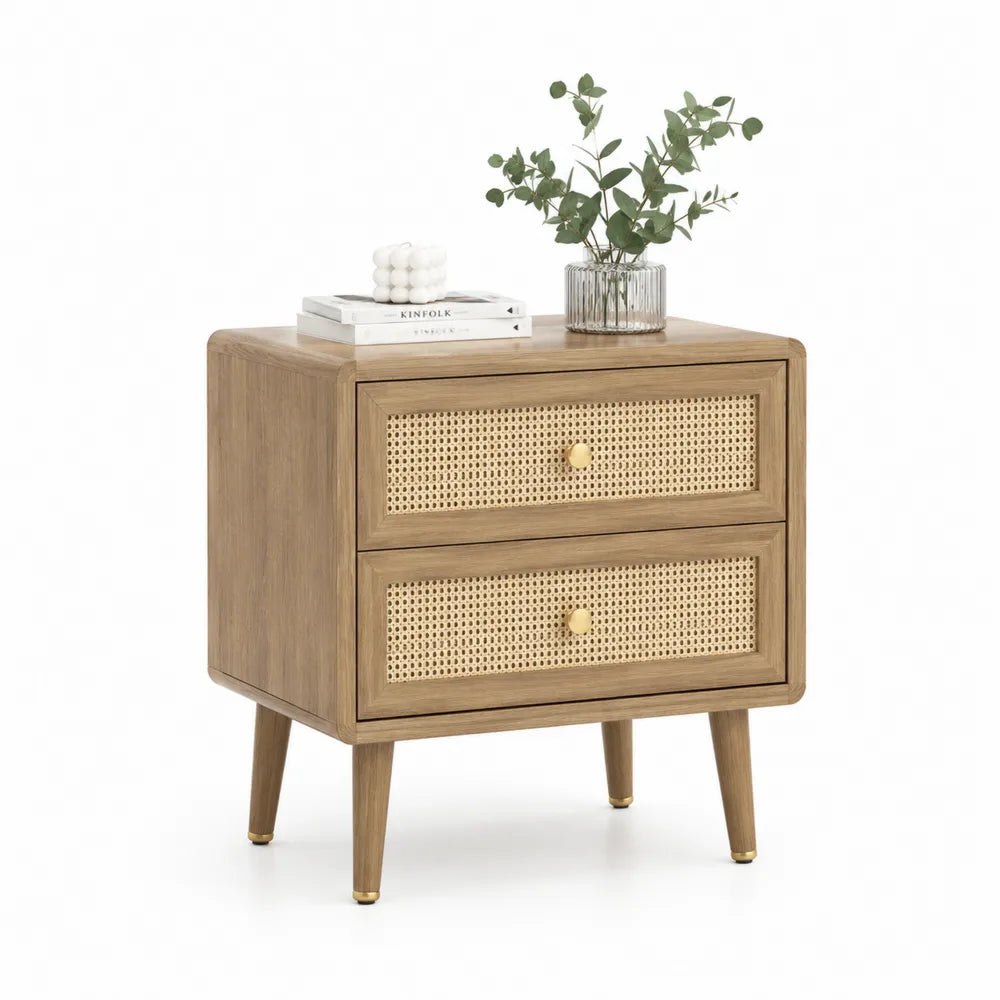 Comodino in Legno e Rattan con 2 Cassetti