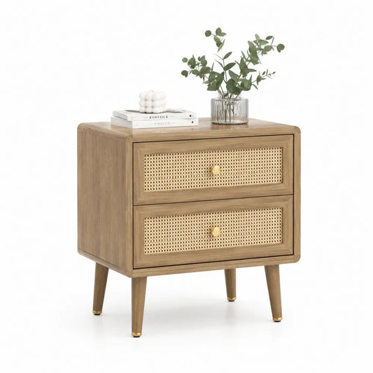 Comodino in Legno e Rattan con 2 Cassetti