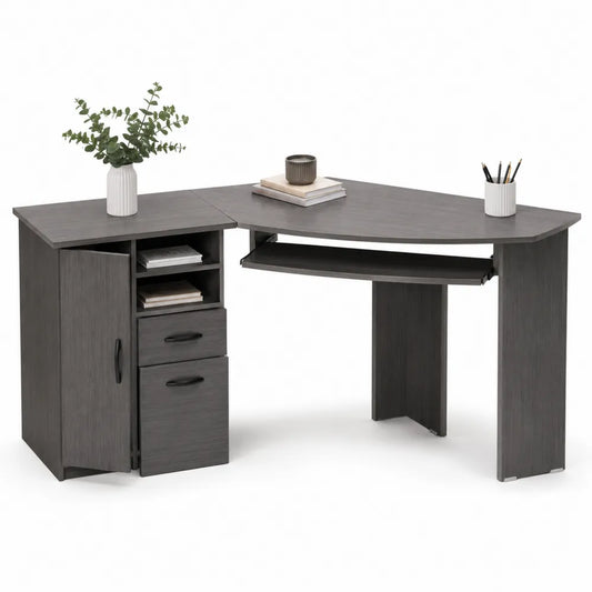 Scrivania angolare in legno composito grigio con cassetti e ripiano tastiera