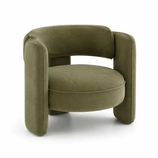 Poltrona in velluto verde oliva con schienale curvo