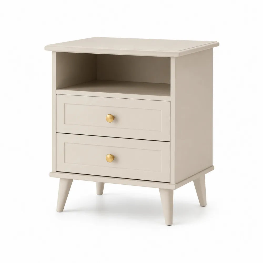 Comodino in MDF e legno massello beige con due cassetti