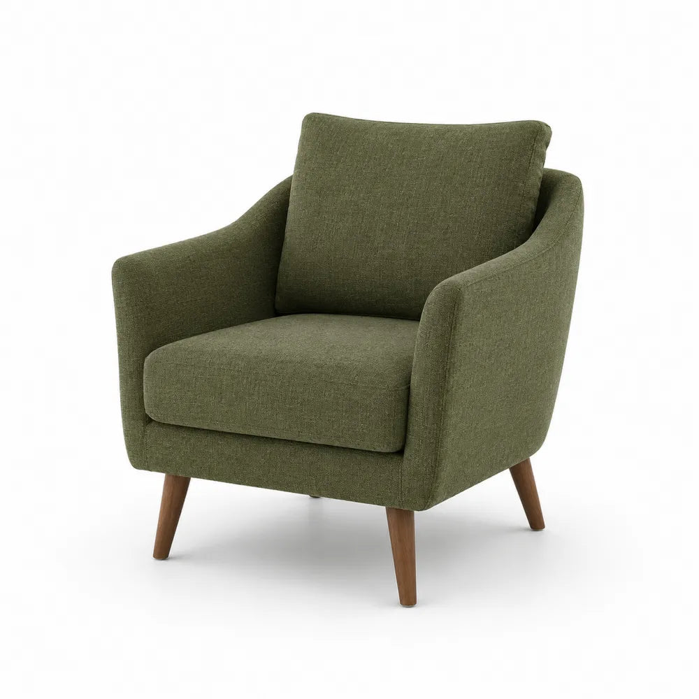 Poltrona in Tessuto Verde con Gambe in Legno