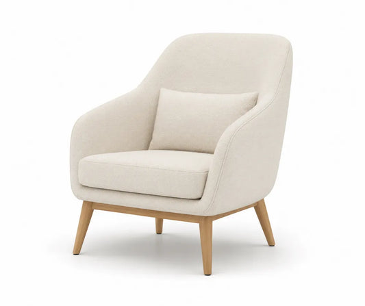 Poltrona in Tessuto Beige con Gambe in Legno