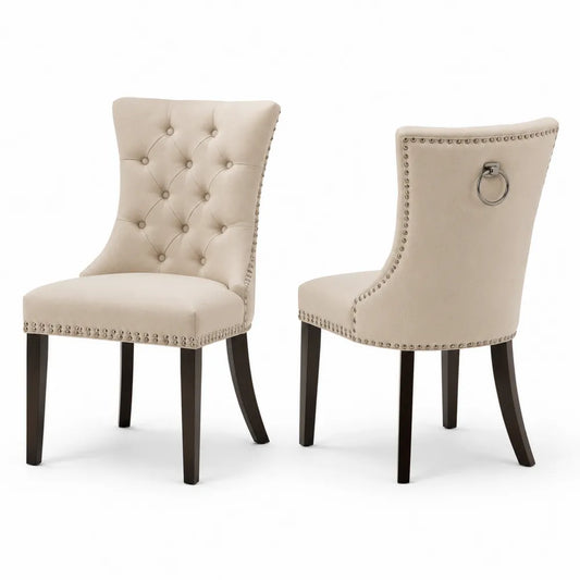 Set di 2 sedie da pranzo con schienale alto in velluto crema e legno massiccio