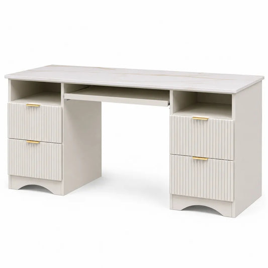 Scrivania in MDF con cassetti e ripiano per tastiera in Bianco 140x60x75 cm