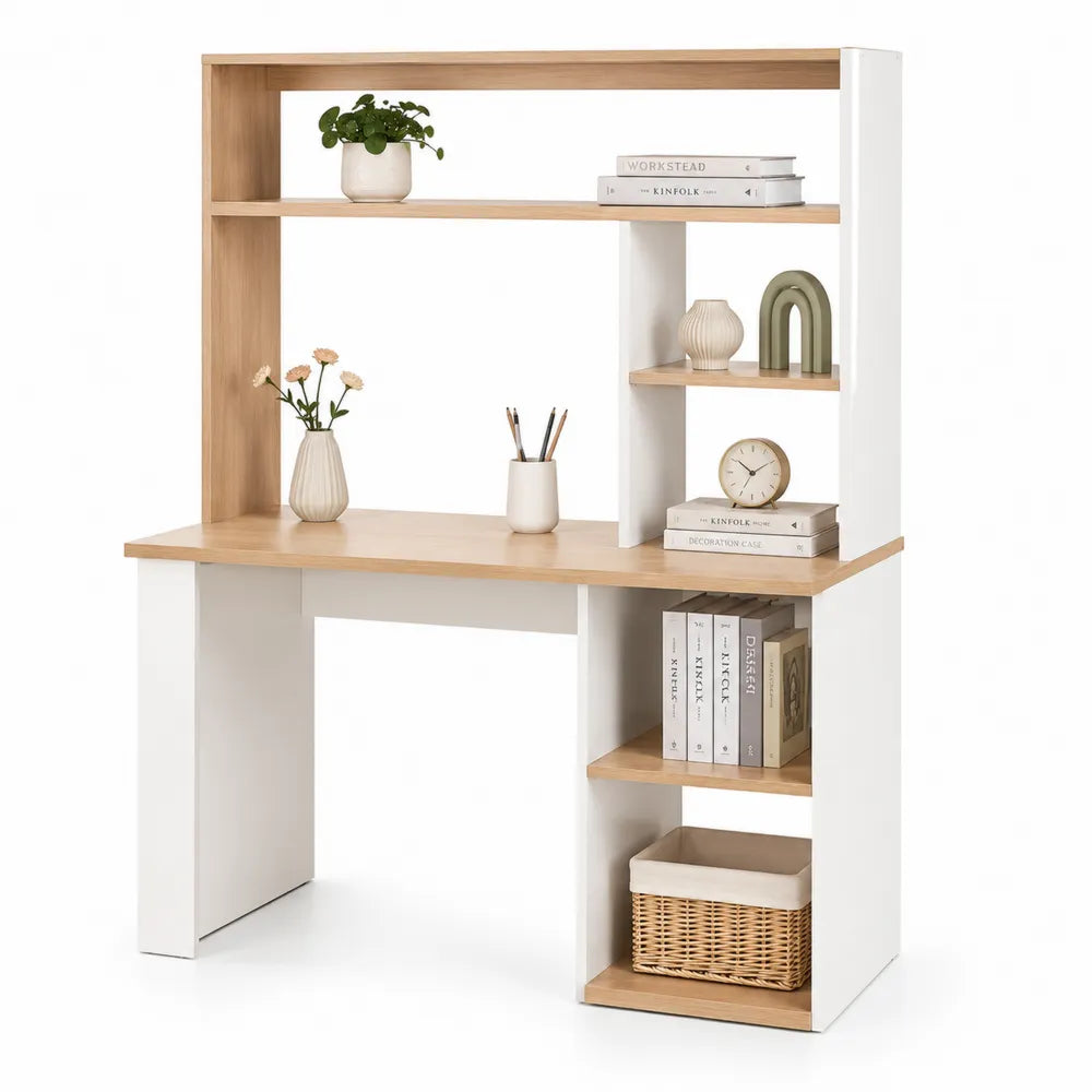 Scrivania con Libreria in MDF Bianco e Effetto Rovere 120x60x150cm