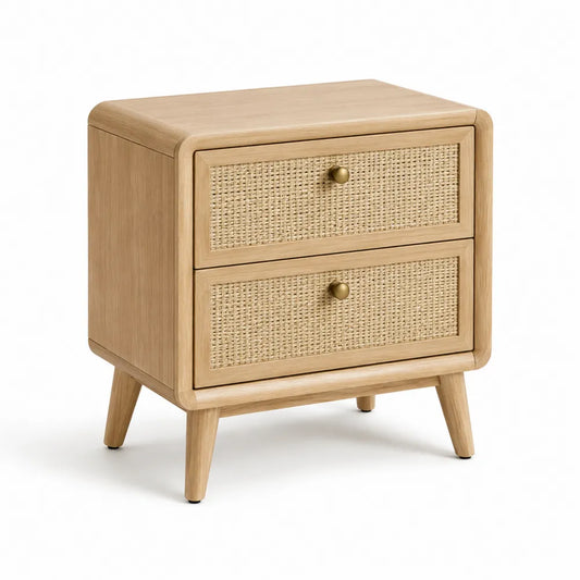 Comodino in legno con cassetti in rattan